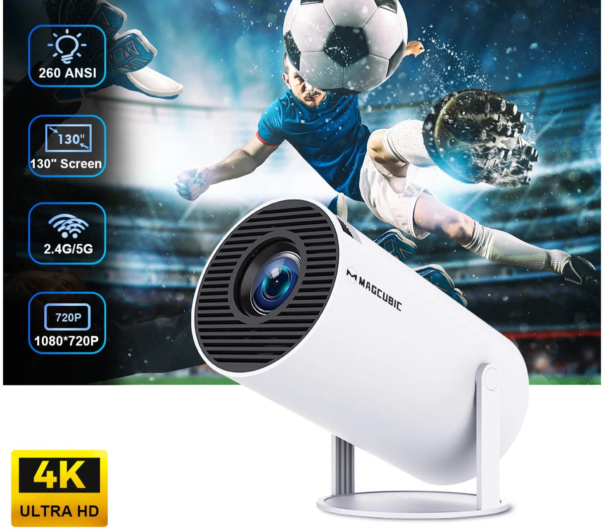 BARESY 4K outdoor home cinema projector white cylindrical unit on stand projecting soccer match stadium scene