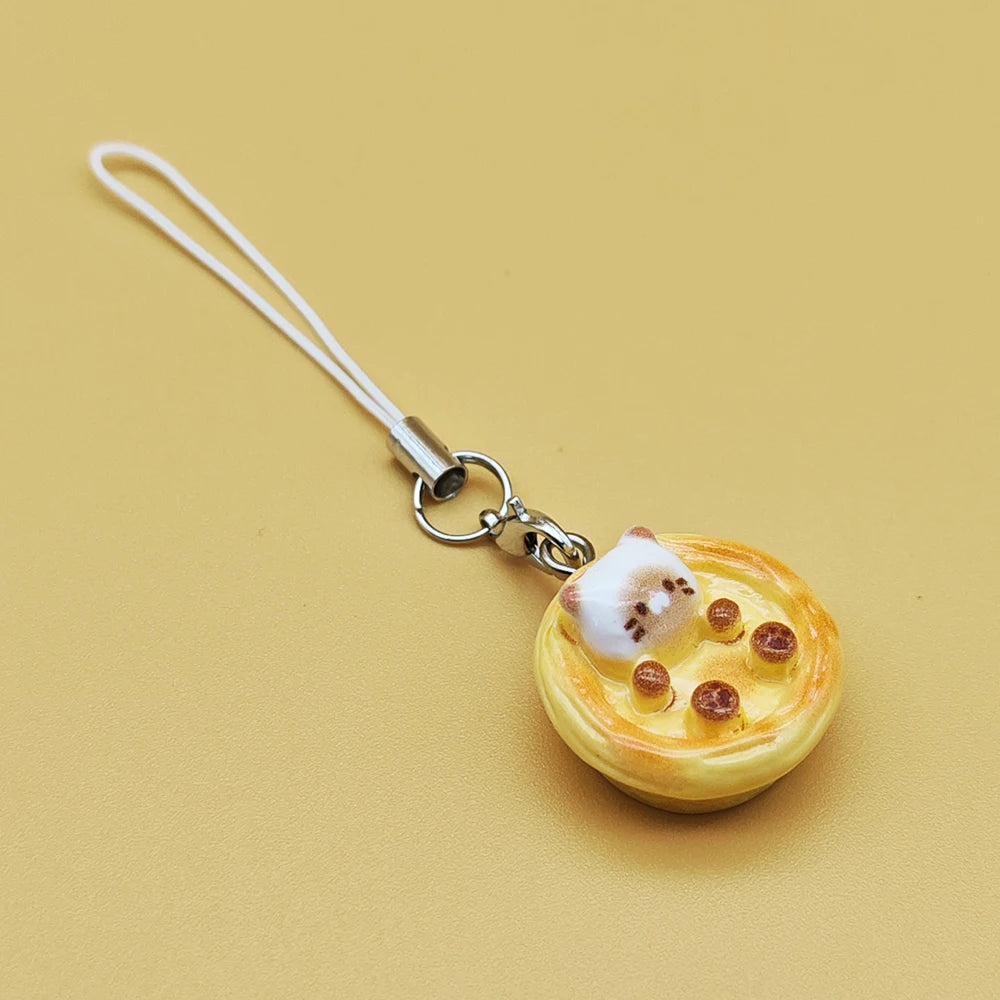 BARESY smartphone cat accessories phone charm egg tart cat keychain with white strap miniature pastry trinket