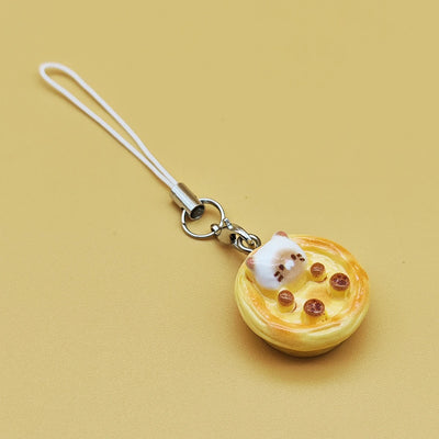 BARESY smartphone cat accessories phone charm egg tart cat keychain with white strap miniature pastry trinket
