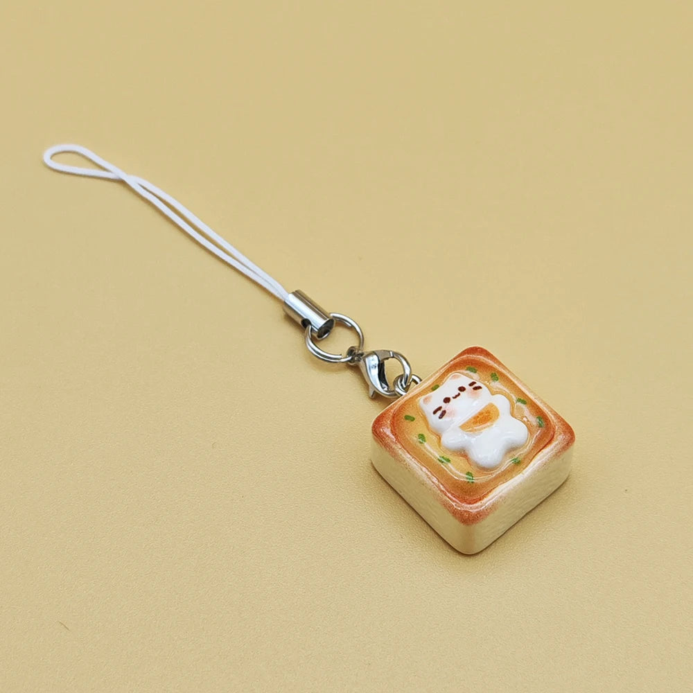 BARESY phone strap charm with kawaii cat toast bead on white cord smartphone cat accessories