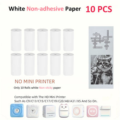 BARESY pack of 10 white non adhesive mini printer rolls with sample crossword and cat prints color mini printer sticker paper