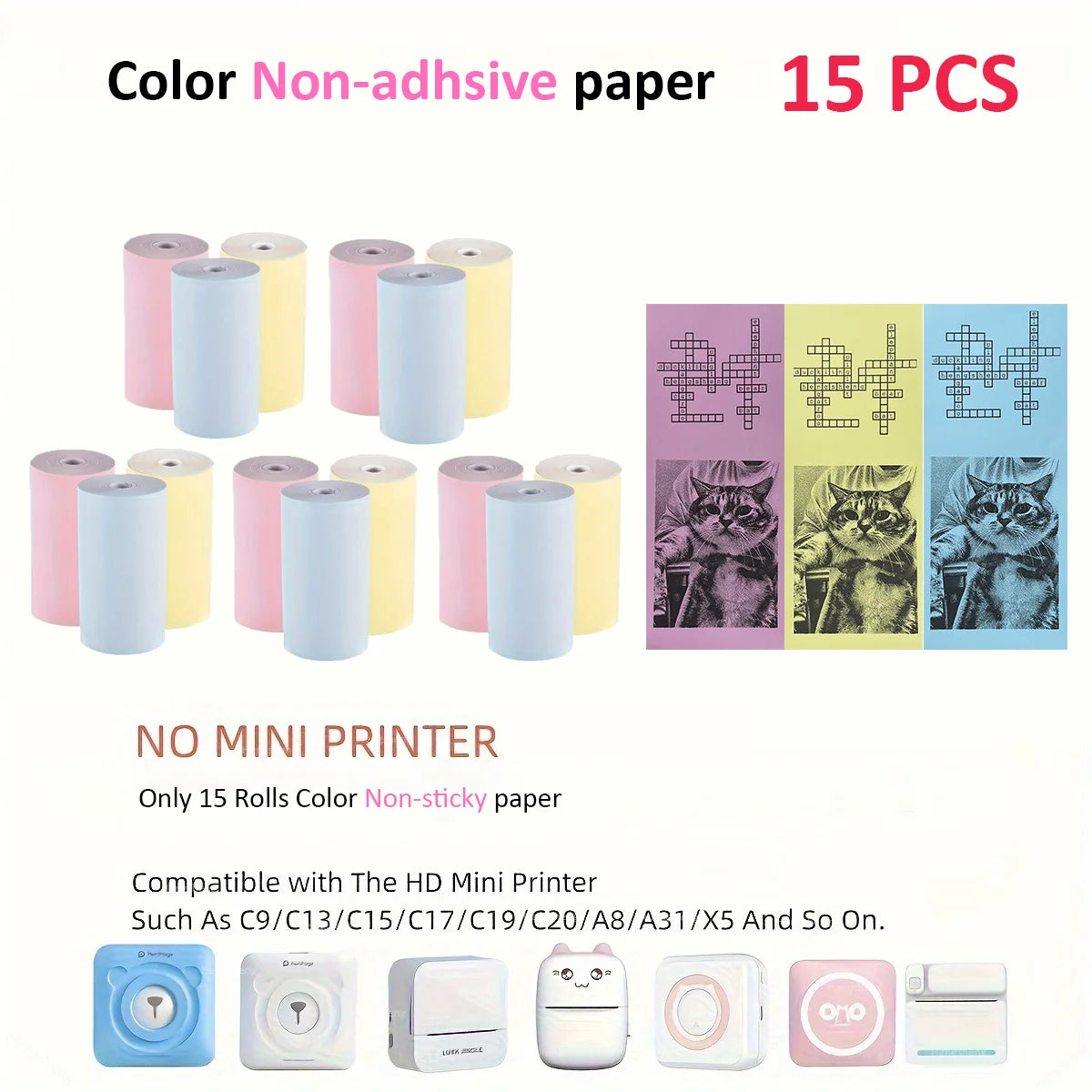 BARESY color mini printer sticker paper 15 pastel non adhesive rolls compatible with HD mini printers