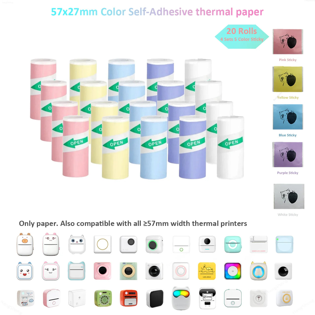 BARESY 57x27mm pastel rolls set of 20 color mini printer sticker paper for portable thermal label printers