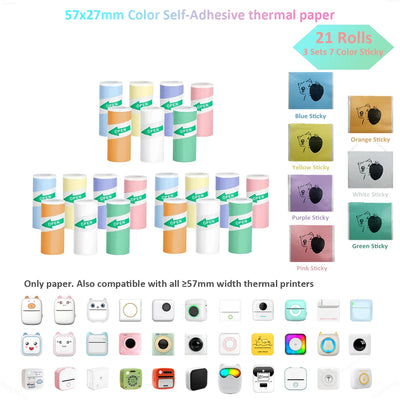 BARESY color mini printer sticker paper 21 pastel thermal rolls 57x27mm self adhesive