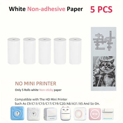 BARESY white non adhesive 5 roll set with sample cat photo and crossword showing color mini printer sticker paper compatibility