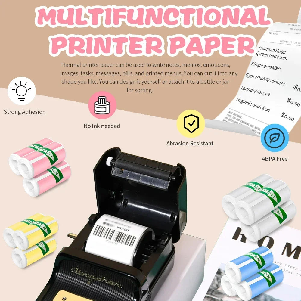 BARESY color mini printer sticker paper rolls with thermal label printer showing printed barcode labels