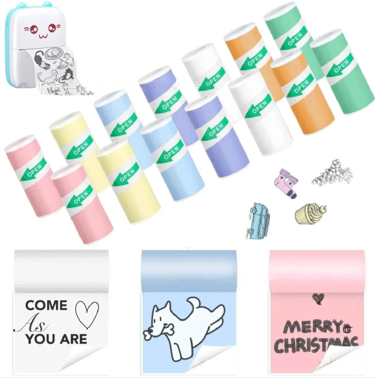 BARESY color mini printer sticker paper pastel rolls with printed samples and compact cute mini printer