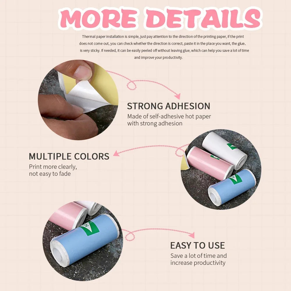 BARESY color mini printer sticker paper rolls in pink blue and white showing peelable self adhesive backing and multiple colors