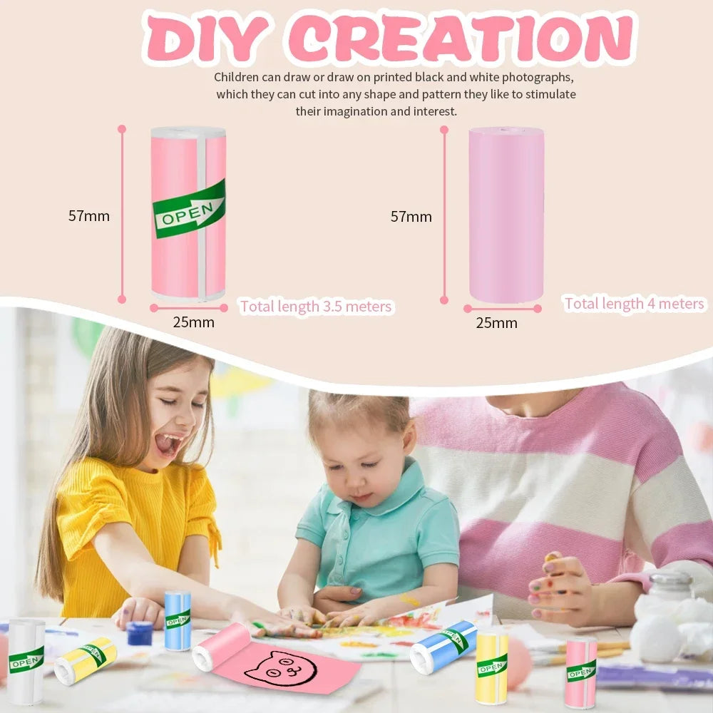 BARESY color mini printer sticker paper rolls in pink 57mm x 25mm shown with children creating DIY stickers