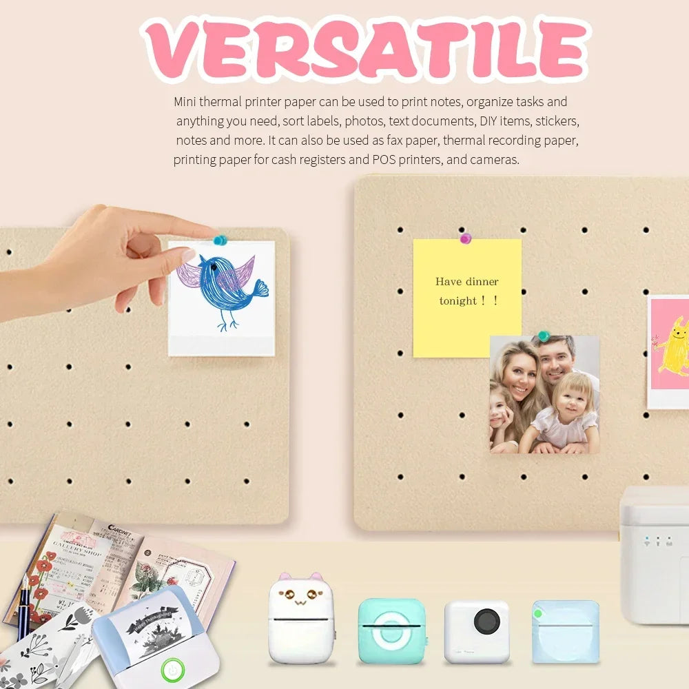 BARESY color mini printer sticker paper with printed notes and photos displayed on cork boards and mini printers