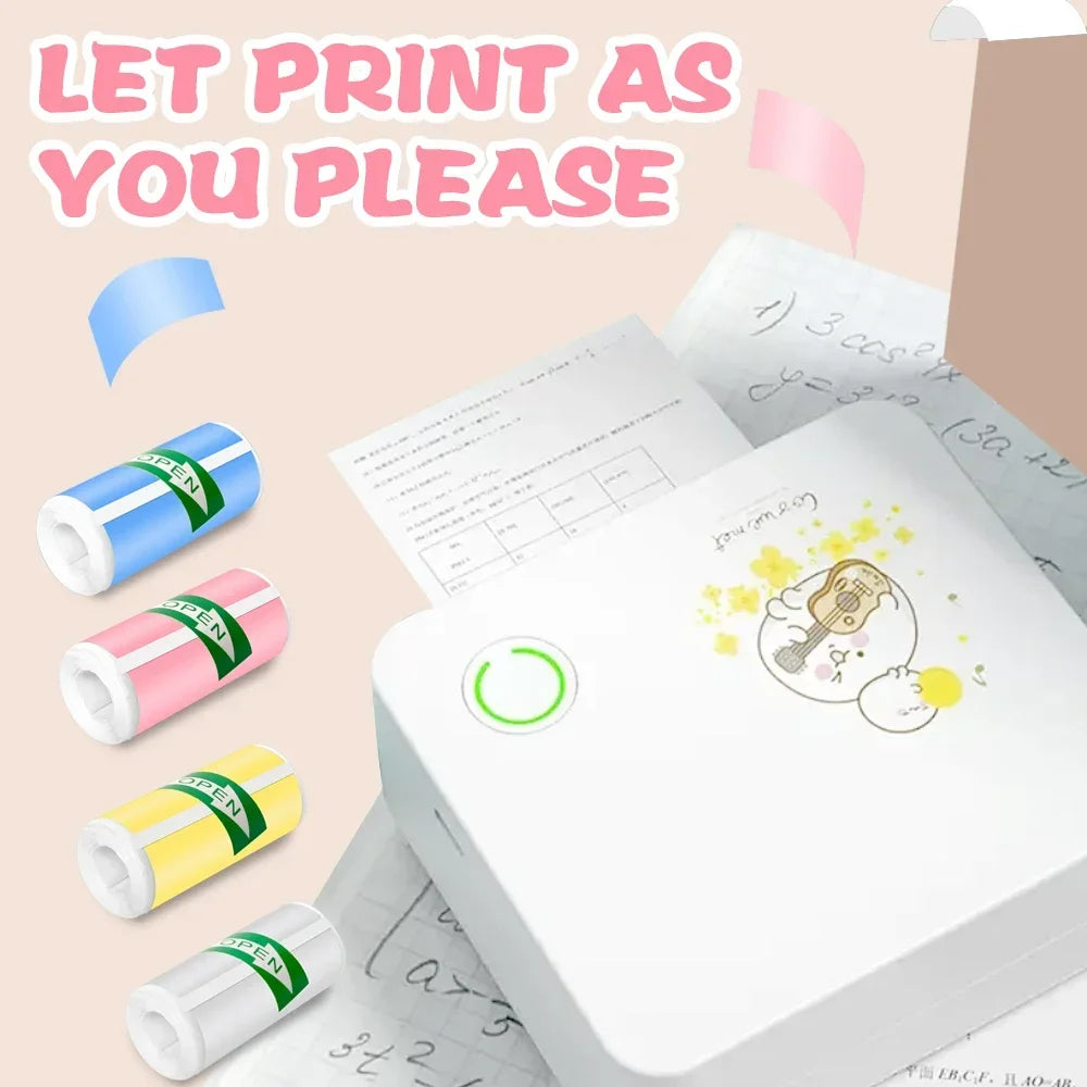 BARESY white mini printer printing cute sticker with rolls of color mini printer sticker paper in pastel colors and notes