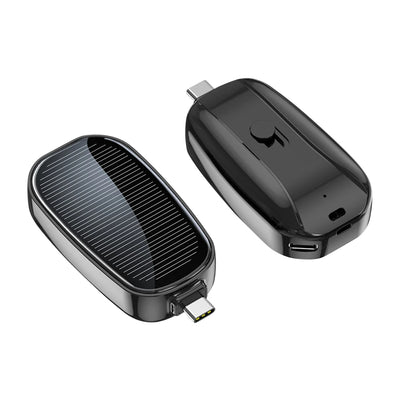 BARESY compact black solar emergency phone power bank 1200mAh with built in USB C connector and pocket size