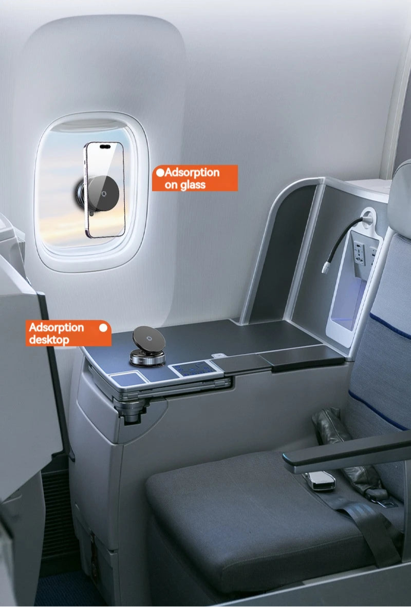 BARESY magnetic phone mount for car shown attached to airplane window glass and tray table surface