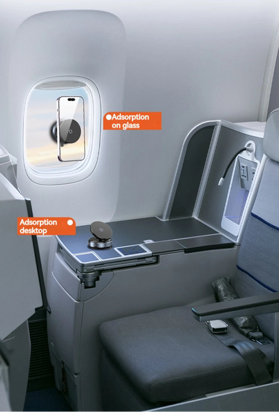 BARESY magnetic phone mount for car shown attached to airplane window glass and tray table surface