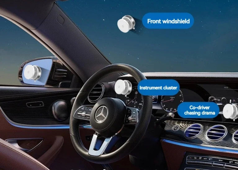 BARESY magnetic phone mount for car shown inside luxury car interior on windshield instrument cluster and vent