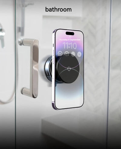 BARESY magnetic phone mount for car attached to glass shower door holding smartphone for hands free viewing