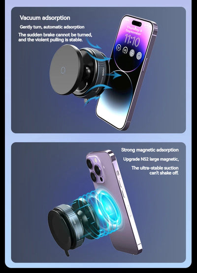 BARESY magnetic phone mount for car showing black vacuum adsorption mount attaching iPhone securely
