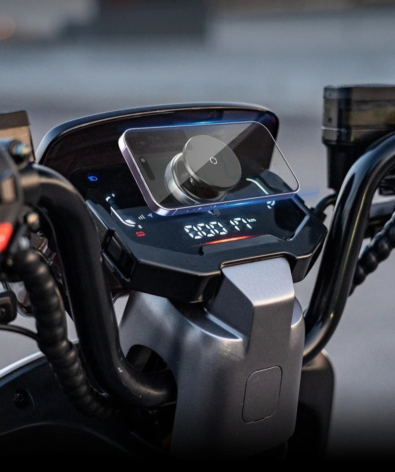 BARESY magnetic phone mount for car mounted on scooter dashboard holding smartphone with circular magnet