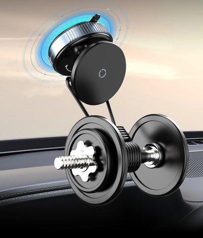 BARESY magnetic phone mount for car dashboard with adjustable metal arm and round black magnetic pad