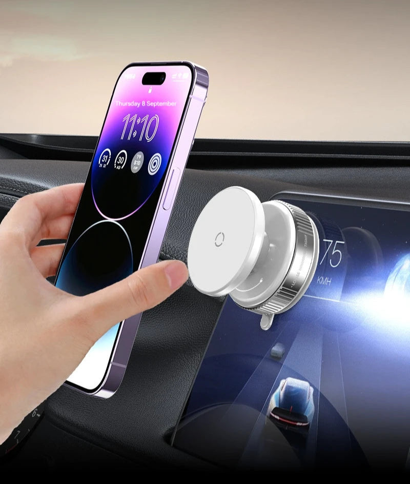 BARESY magnetic phone mount for car on dashboard holding smartphone near infotainment display