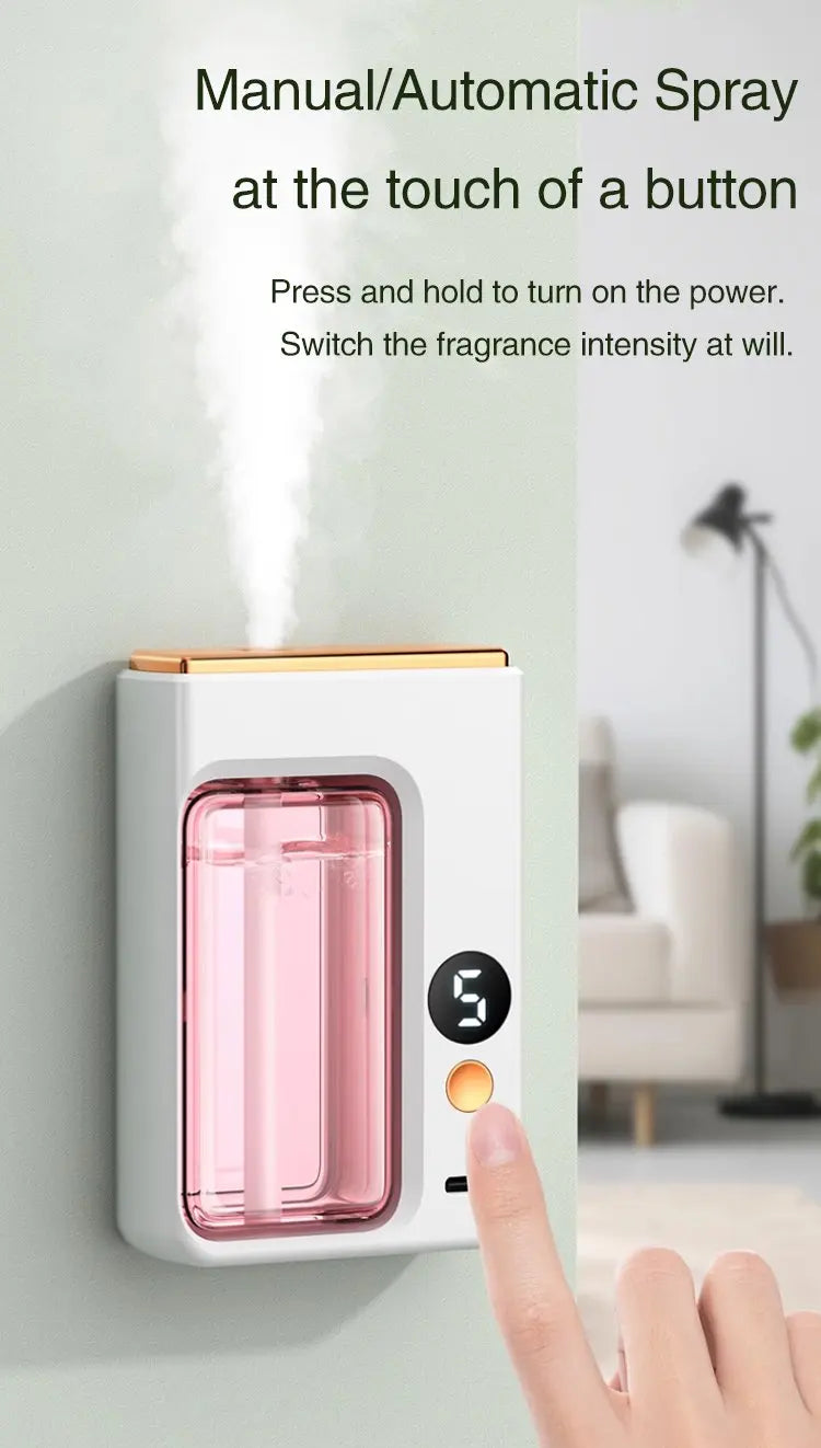 BARESY white automatic aromatherapy diffuser for car wall mount with pink reservoir emitting mist and digital display