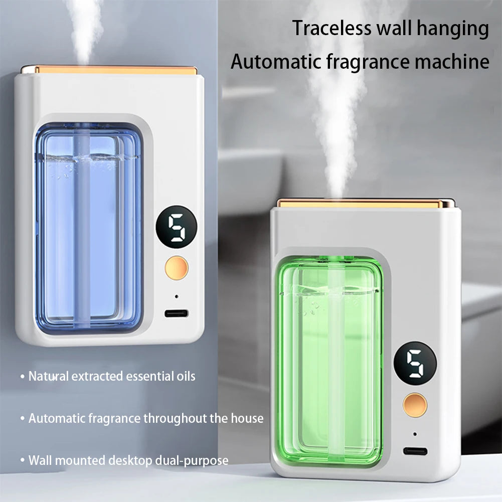 BARESY automatic aromatherapy diffuser for car shown as wall mounted desktop unit with digital display emitting mist