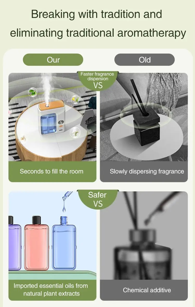 BARESY automatic aromatherapy diffuser for car emitting mist on table contrasted with reed diffuser and natural oil bottles