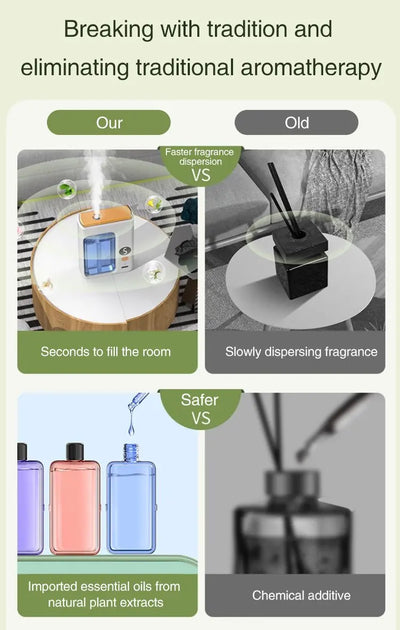 BARESY automatic aromatherapy diffuser for car emitting mist on table contrasted with reed diffuser and natural oil bottles
