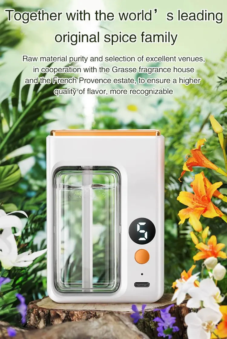 BARESY white automatic aromatherapy diffuser for car with clear fragrance tank digital display and orange button