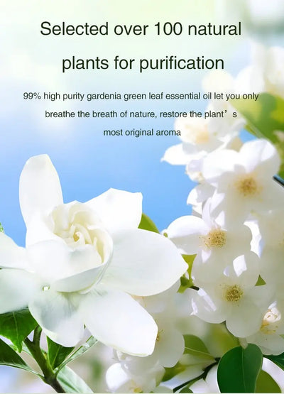 BARESY automatic aromatherapy diffuser for car with white gardenia flowers and natural plant essential oil imagery