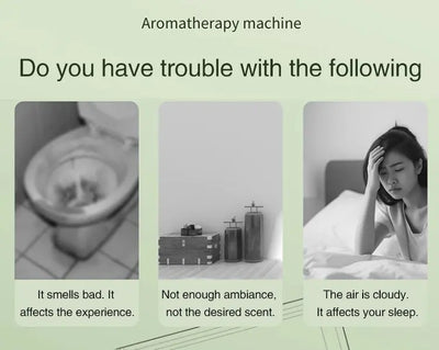 BARESY automatic aromatherapy diffuser for car ad showing toilet odor, scent bottles, and woman sleepless