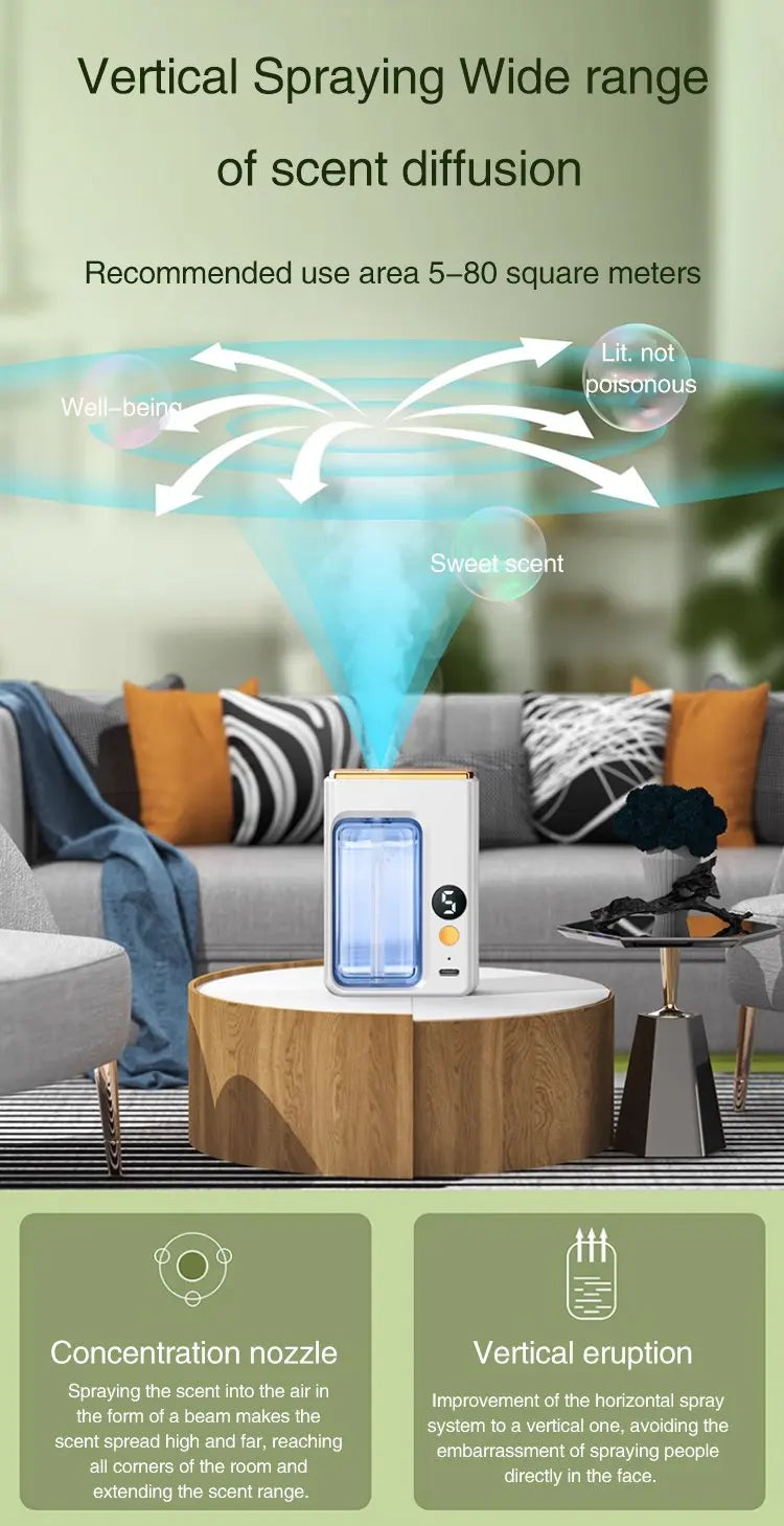 BARESY automatic aromatherapy diffuser for car displayed on living room table releasing vertical scent mist