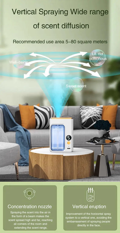 BARESY automatic aromatherapy diffuser for car displayed on living room table releasing vertical scent mist