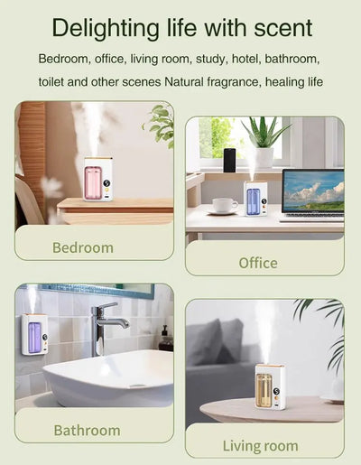 BARESY automatic aromatherapy diffuser for car shown in bedroom office bathroom and living room emitting gentle mist