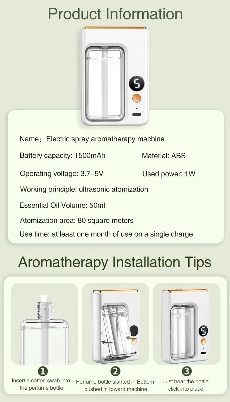 BARESY electric spray 50ml automatic aromatherapy diffuser for car with 1500mAh battery and ultrasonic atomizer