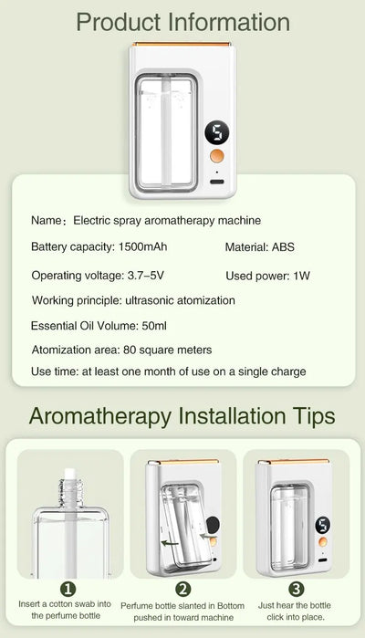 BARESY electric spray 50ml automatic aromatherapy diffuser for car with 1500mAh battery and ultrasonic atomizer