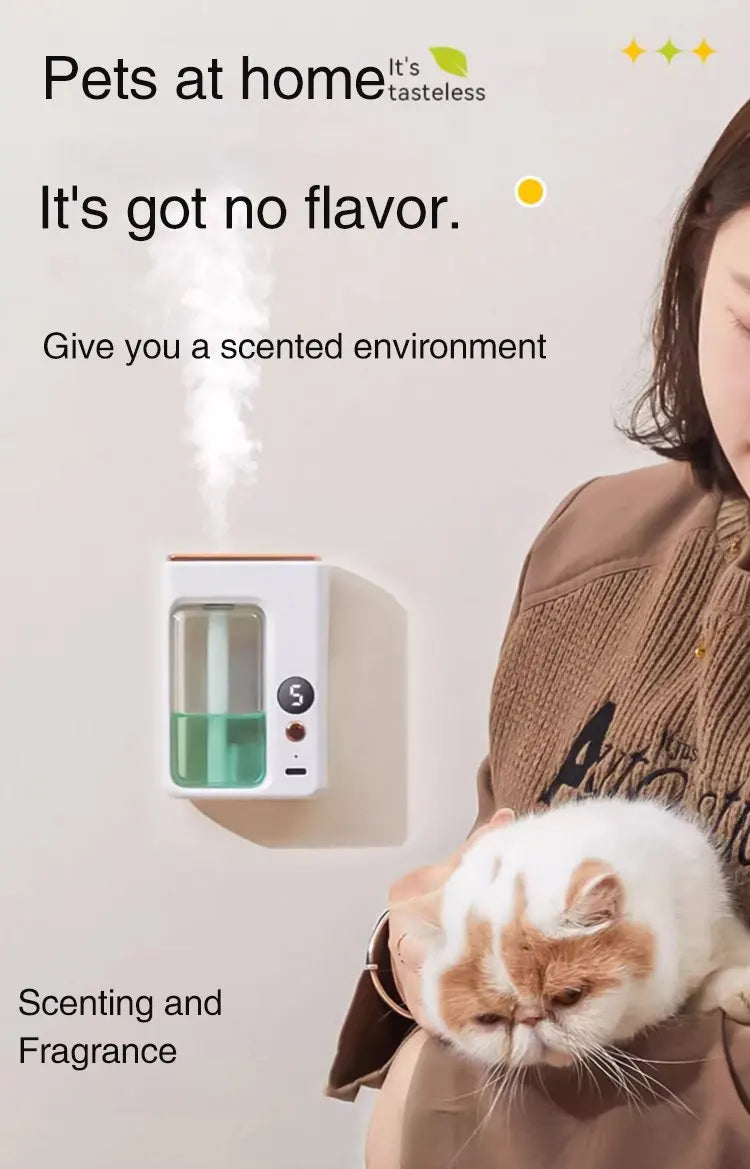 BARESY automatic aromatherapy diffuser for car mounted white unit with green liquid emitting mist next to woman holding cat