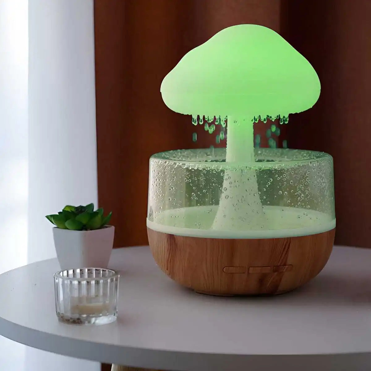 BARESY mushroom shaped USB mini humidifier essential oil diffuser with wood grain base green LED