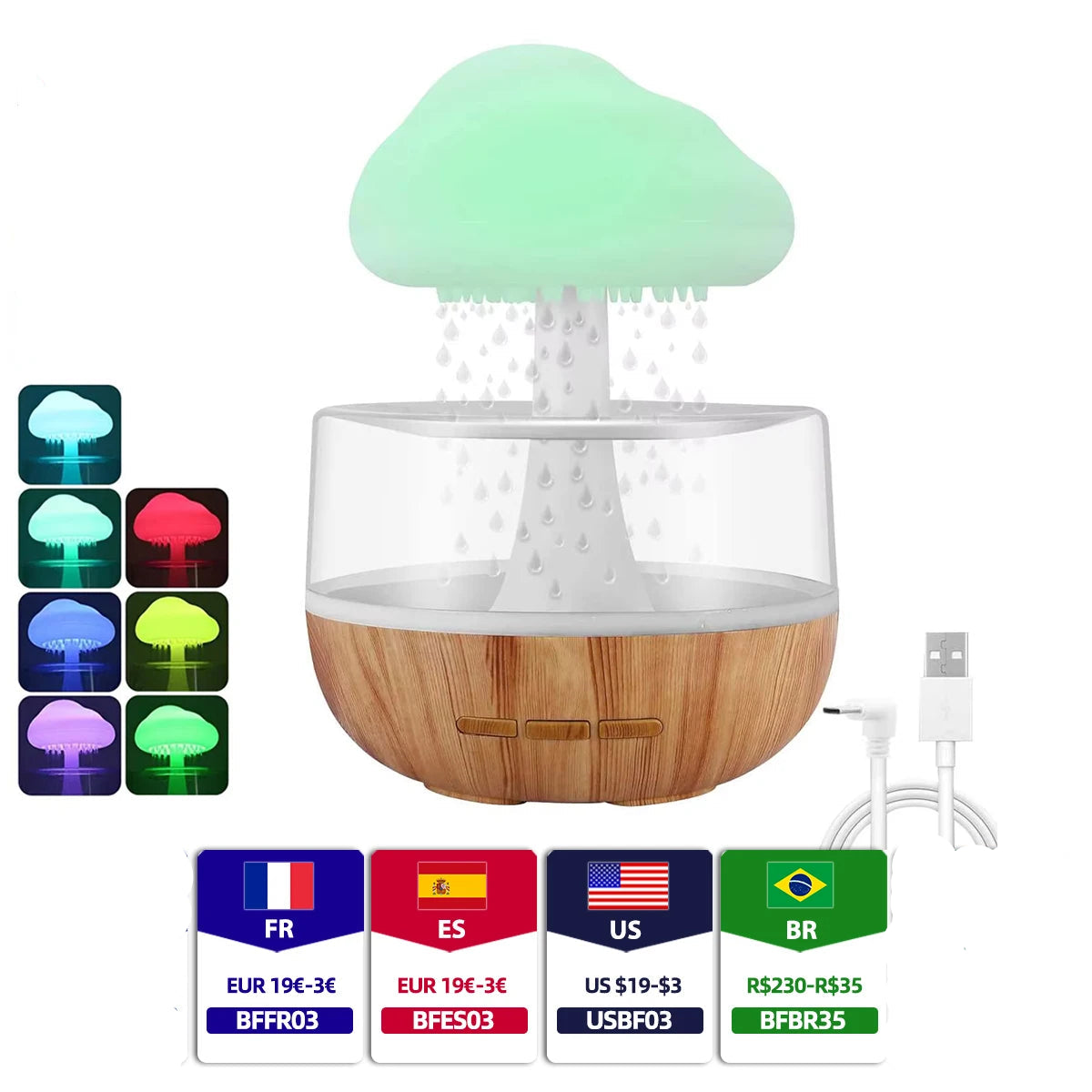 BARESY wood grain LED mushroom humidifier with cloud top and color lights USB mini humidifier essential oil diffuser for bedroom