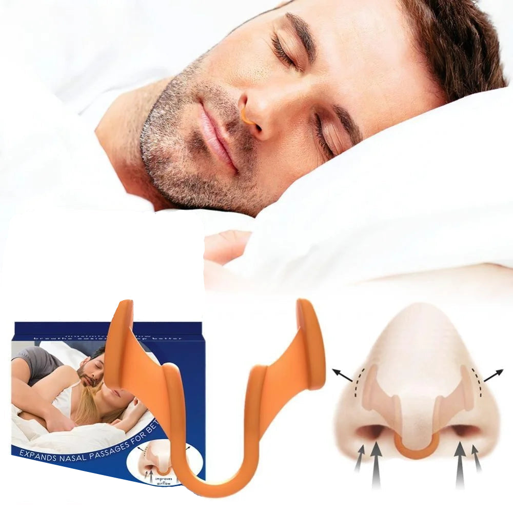 BARESY orange nasal clip anti-snoring device shown on sleeping man with packaging and nostril expansion diagram