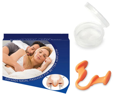 BARESY anti-snoring device orange nasal dilator with clear travel case and retail box showing couple