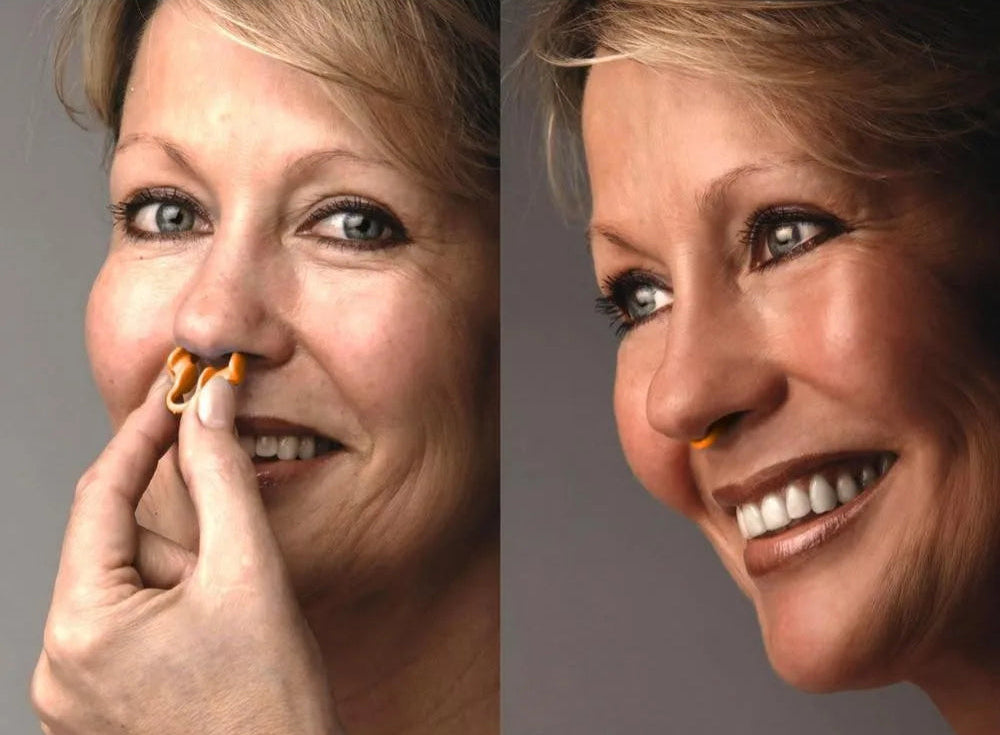 BARESY anti-snoring device nasal dilator shown being held and worn in nostrils by smiling woman