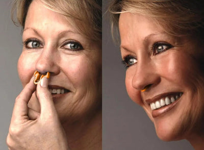 BARESY anti-snoring device nasal dilator shown being held and worn in nostrils by smiling woman