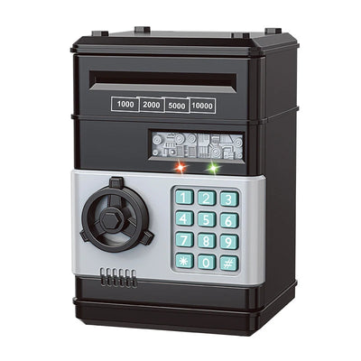 BARESY electronic automatic safe piggy bank for kids in black with numeric keypad coin slot and LED indicators