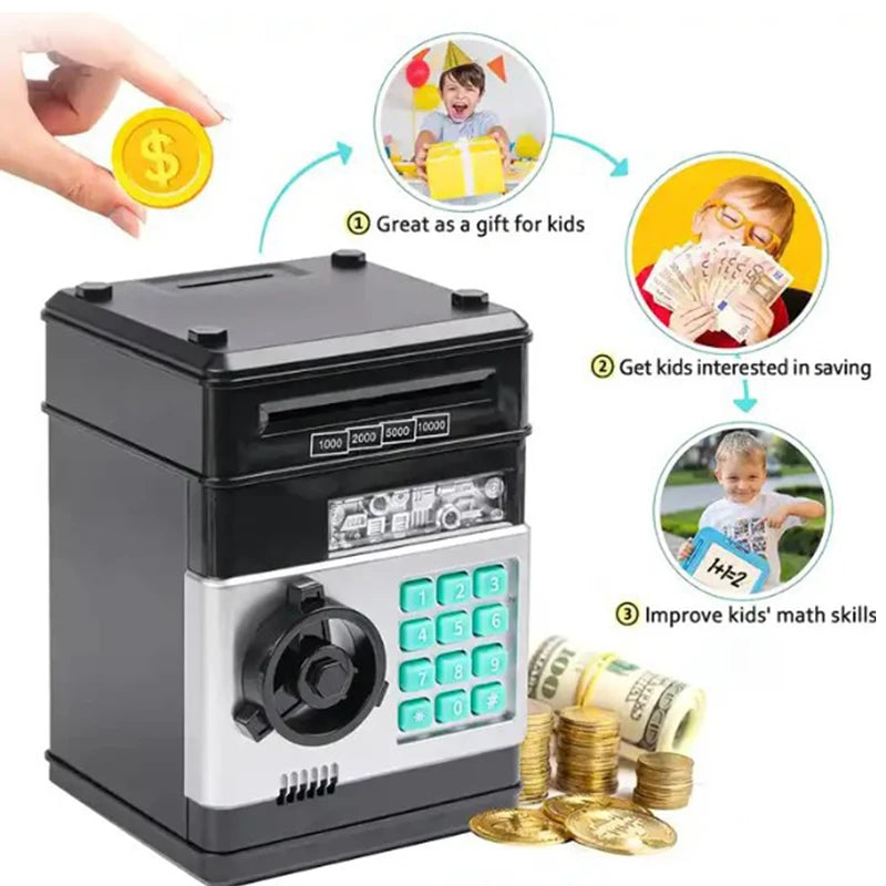 BARESY black electronic toy safe with keypad coin slot and detachable dial automatic safe piggy bank for kids