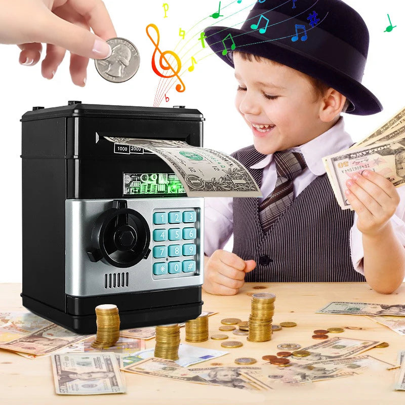 BARESY black automatic safe piggy bank for kids with keypad bill dispenser coin slot and play money