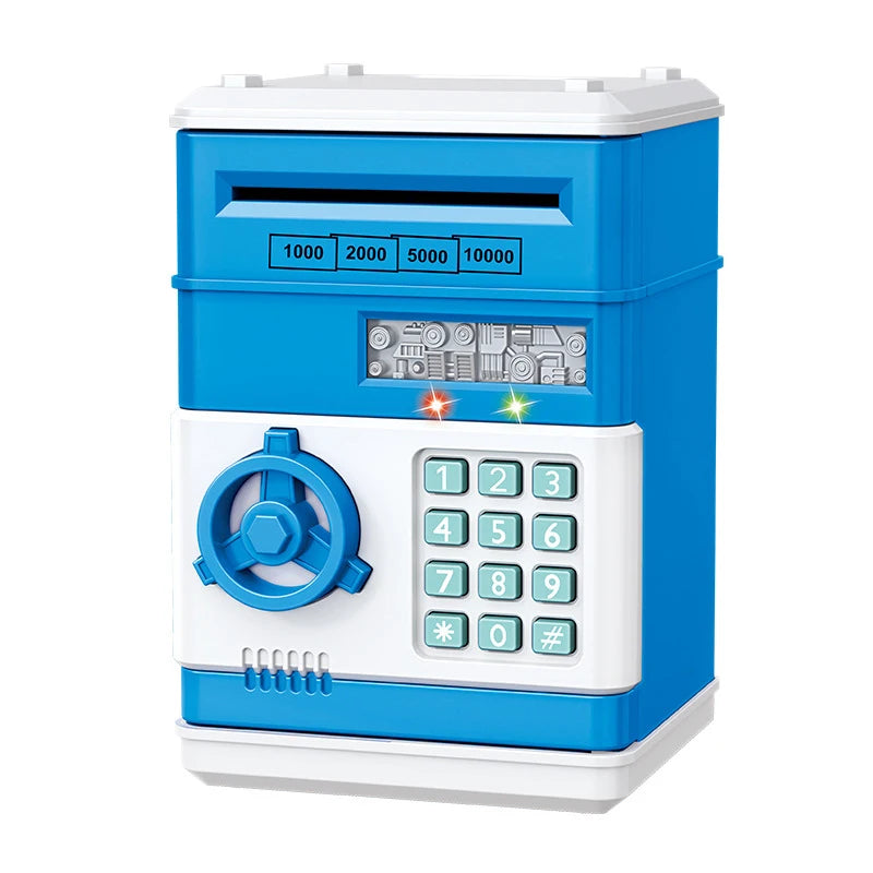 BARESY blue electronic toy safe with keypad coin slot LED lights and dial automatic safe piggy bank for kids