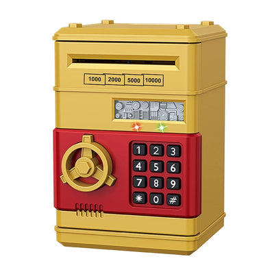 BARESY automatic safe piggy bank for kids in gold and red with keypad combination dial coin slot and LED lights