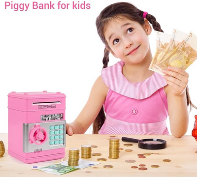 BARESY pink electronic automatic safe piggy bank for kids with keypad coin slot and bill feeder