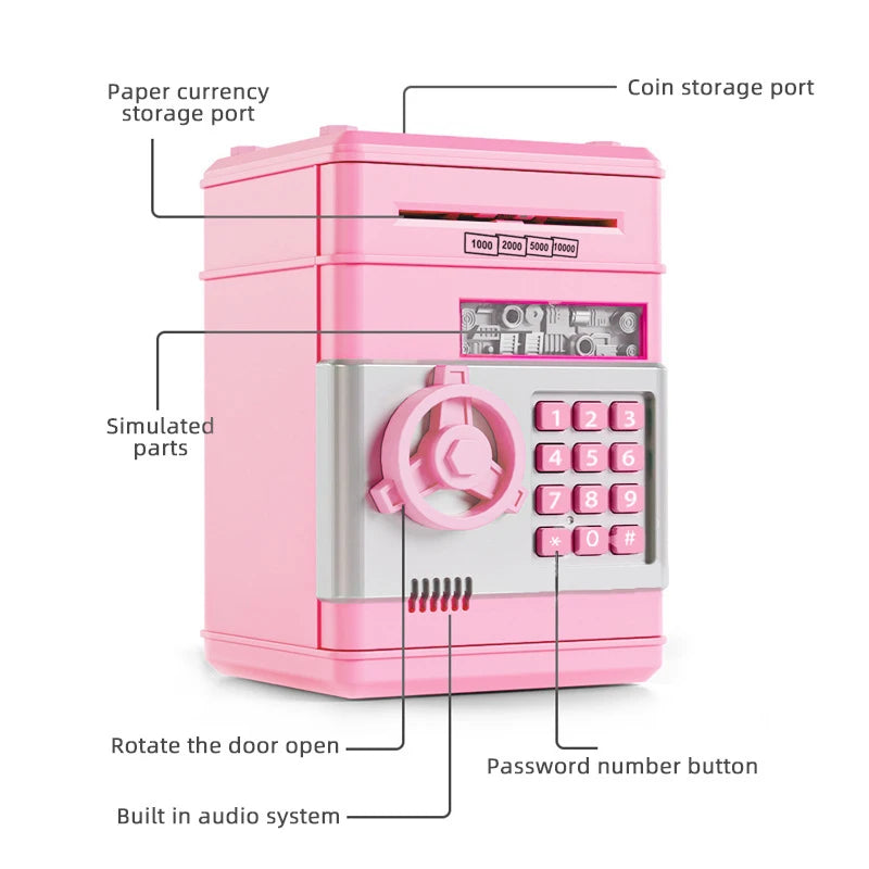 BARESY pink electronic toy safe with keypad coin and bill slots built in audio automatic safe piggy bank for kids